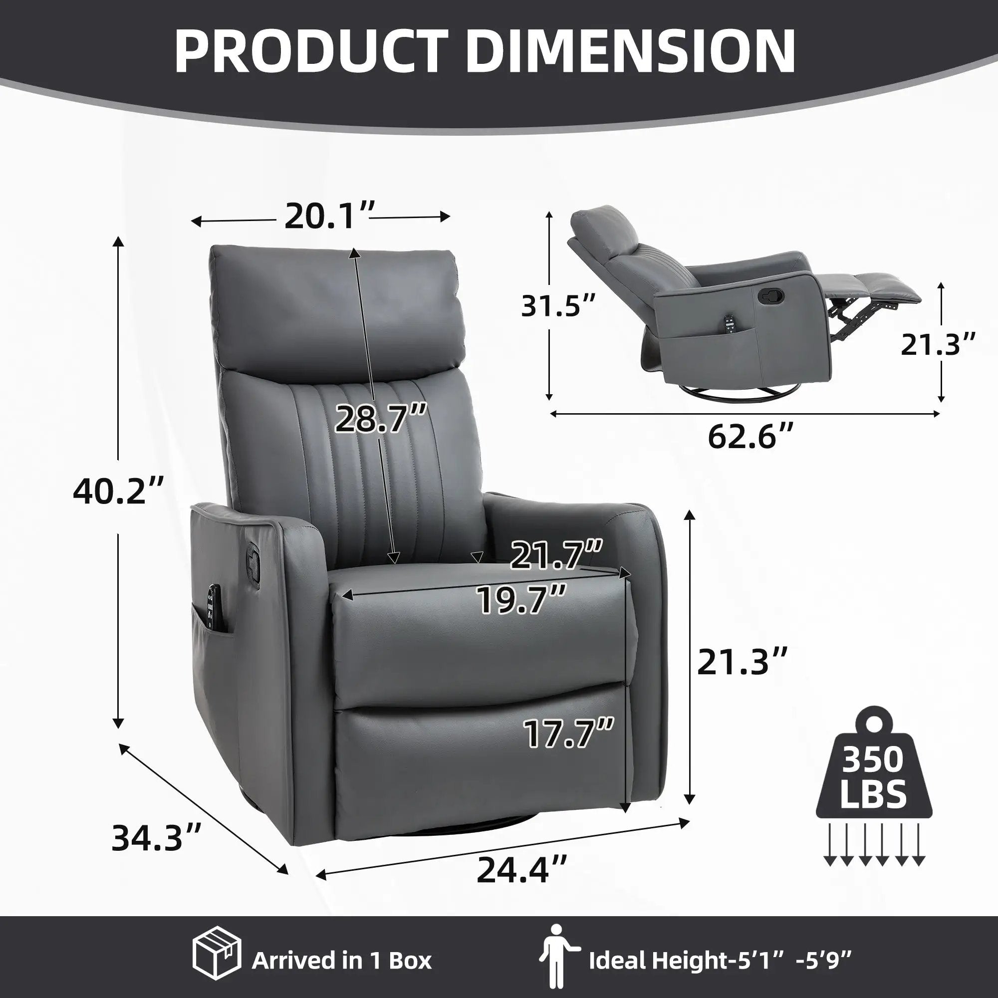 Grey Faux Leather Heat Massage Manual Recliner Chair with Rocker and Swivel by HouseOfZazla