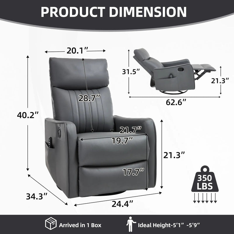 Grey Faux Leather Heat Massage Manual Recliner Chair with Rocker and Swivel by HouseOfZazla