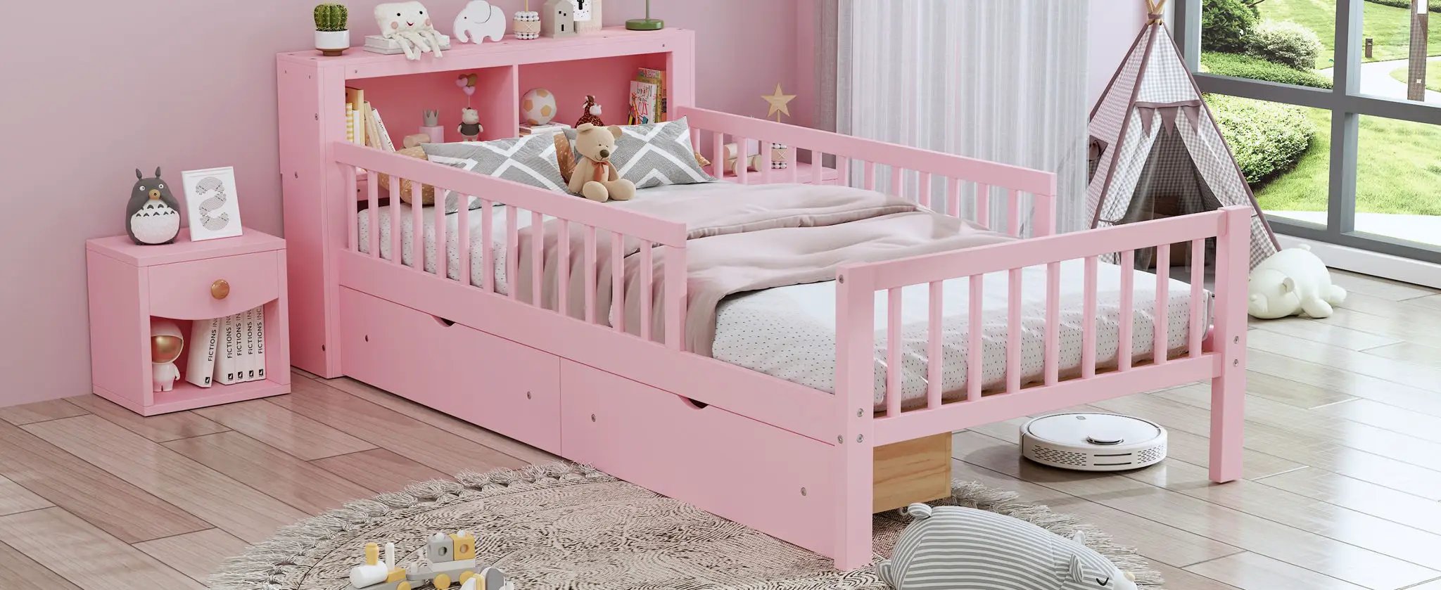 Bed With Headboard Storage Rack, 2 Under Bed Drawers, 3 Side Guardrails For Safety by HouseOfZazla