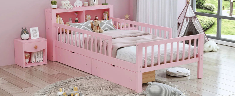 Bed With Headboard Storage Rack, 2 Under Bed Drawers, 3 Side Guardrails For Safety by HouseOfZazla