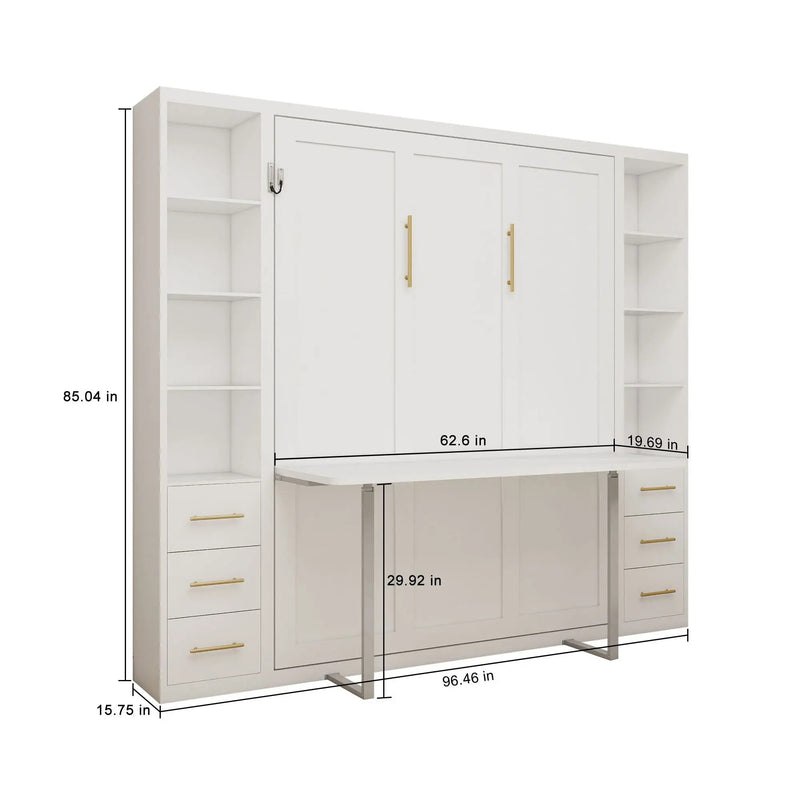 Queen Size Murphy Wall Bed With Side Storage Cabinets - White by HouseOfZazla