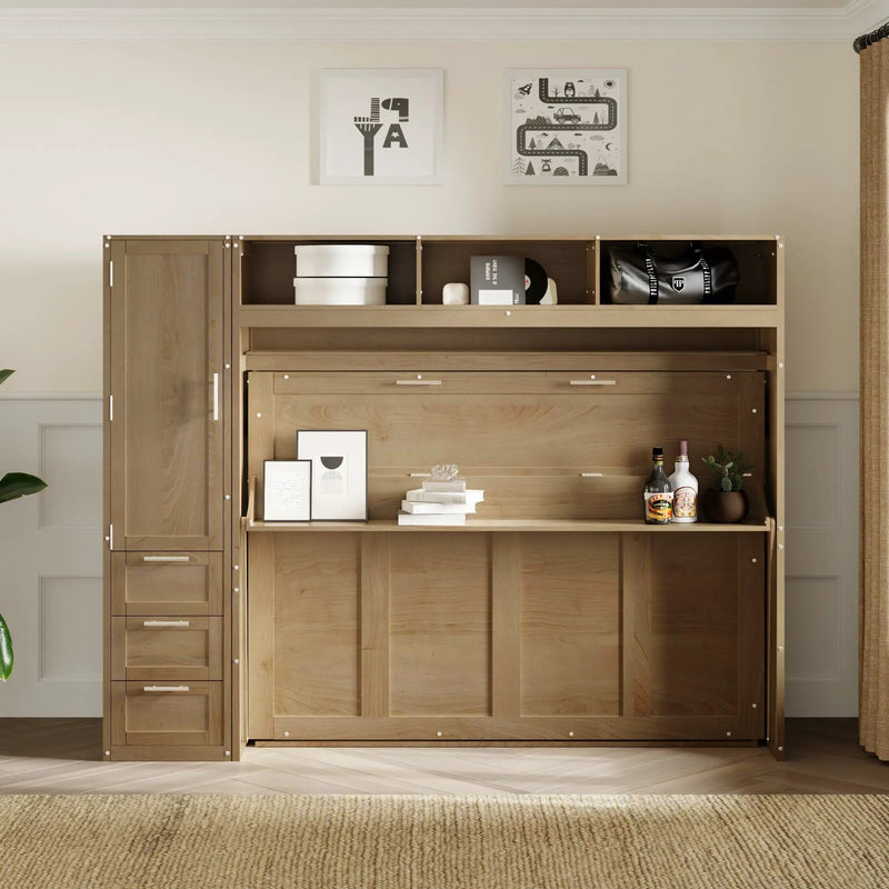 Full Size Murphy Bed With Wardrobe, Drawers, And Open Shelves - Wood by Unique Piece Furniture