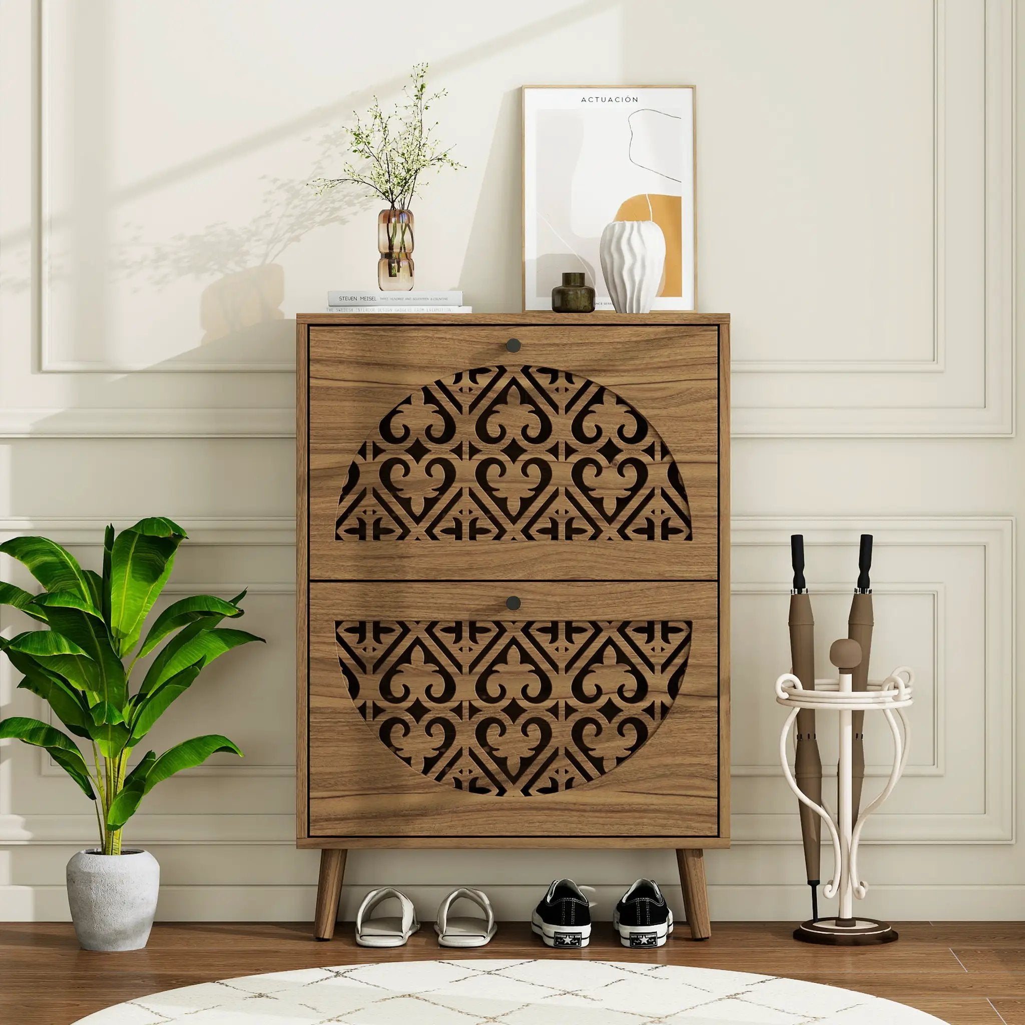 Japandi Narrow Shoe Cabinet with 2 Flip Drawers by HouseOfZazla