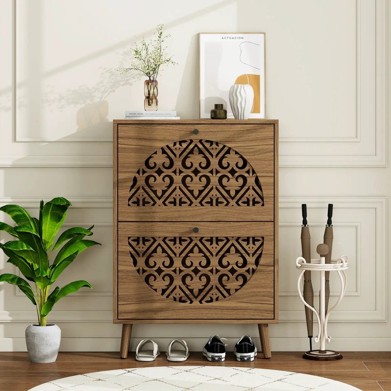 Japandi Narrow Shoe Cabinet with 2 Flip Drawers by HouseOfZazla