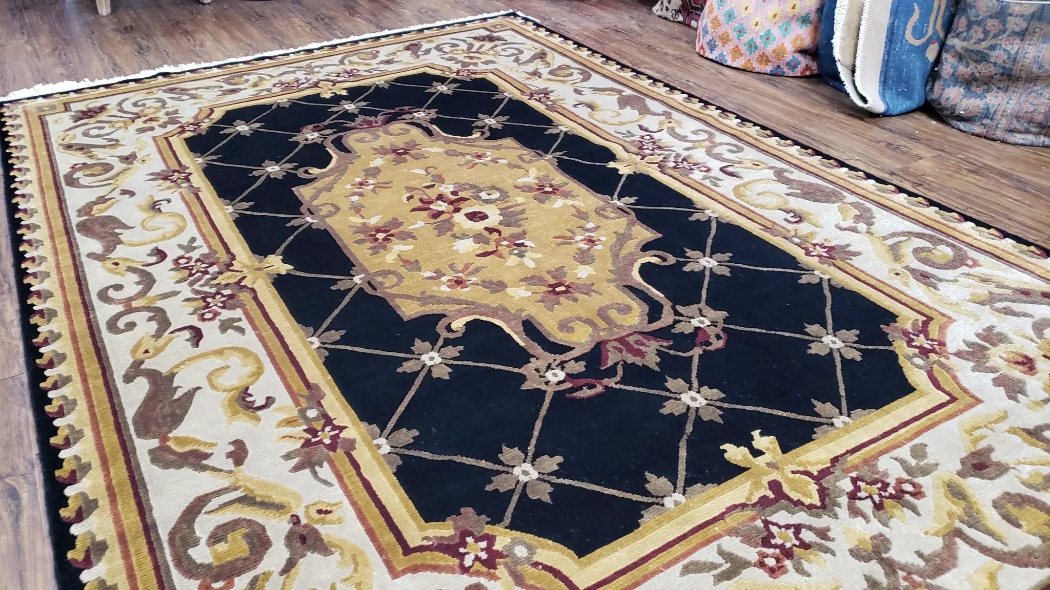 6x9 Nepalese Rug, Aubusson Savonnerie Area Rug 6 x 9 with Soft Pile, Hand-Knotted Wool Black & Beige Tibetan New Carpet European Design by Jewel Rugs