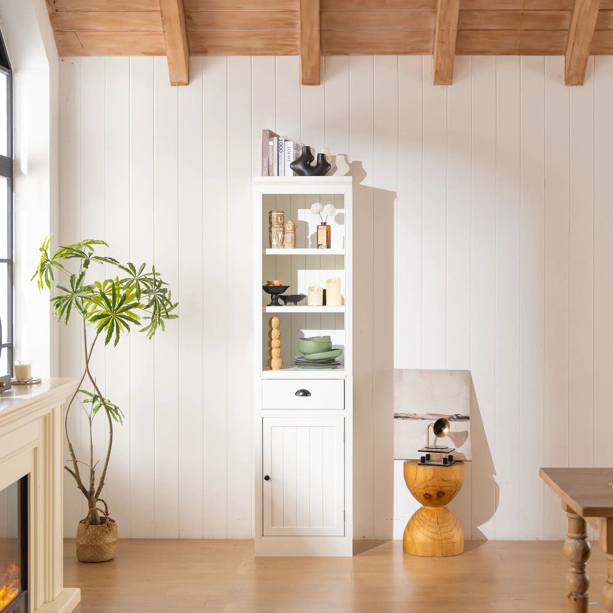 Retro Style 75'' Tall Display Shelf With Cabinet For Hallways Living Room Kitchen - White by Unique Piece Furniture