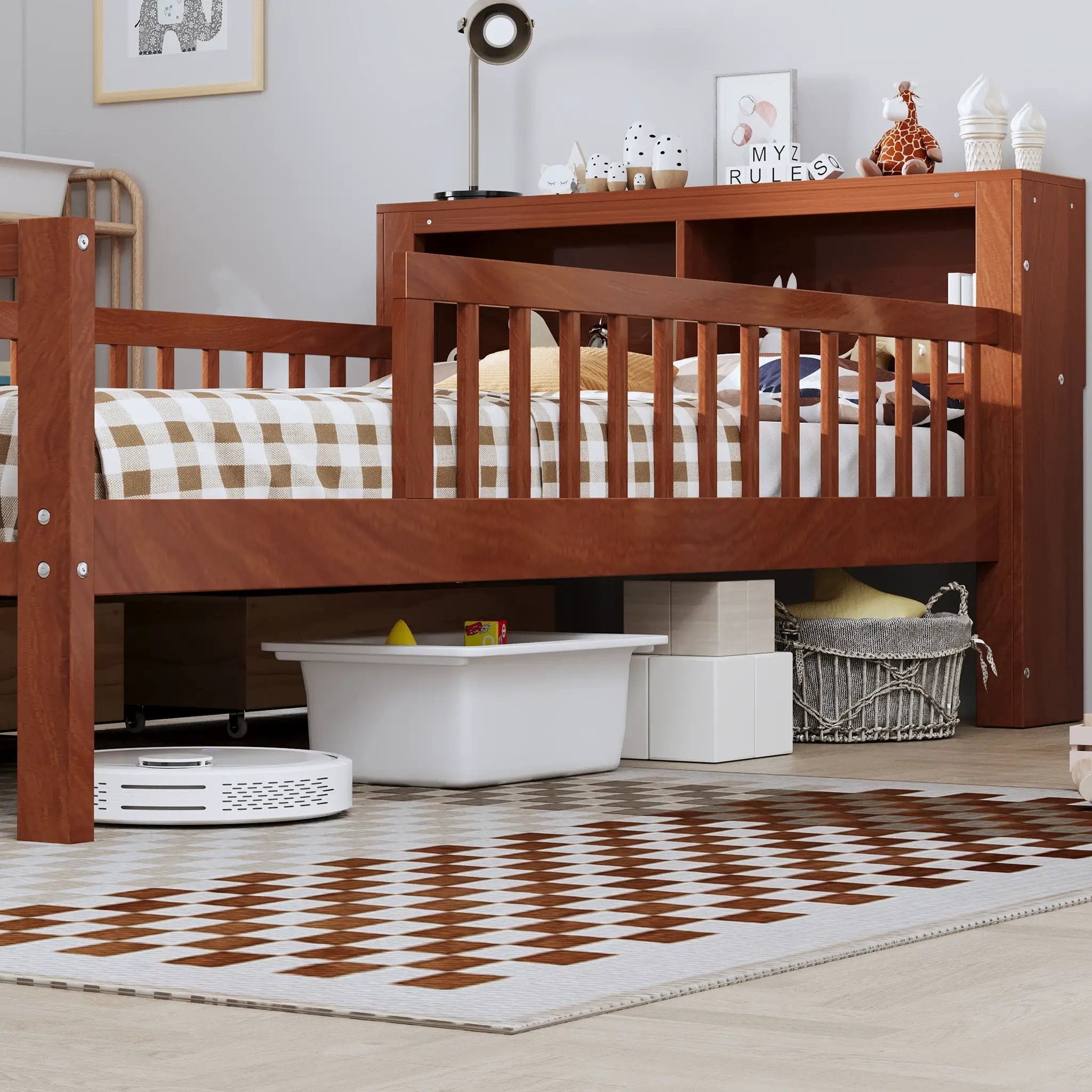 Bed With Headboard Storage Rack, 2 Under Bed Drawers, 3 Side Guardrails For Safety by HouseOfZazla
