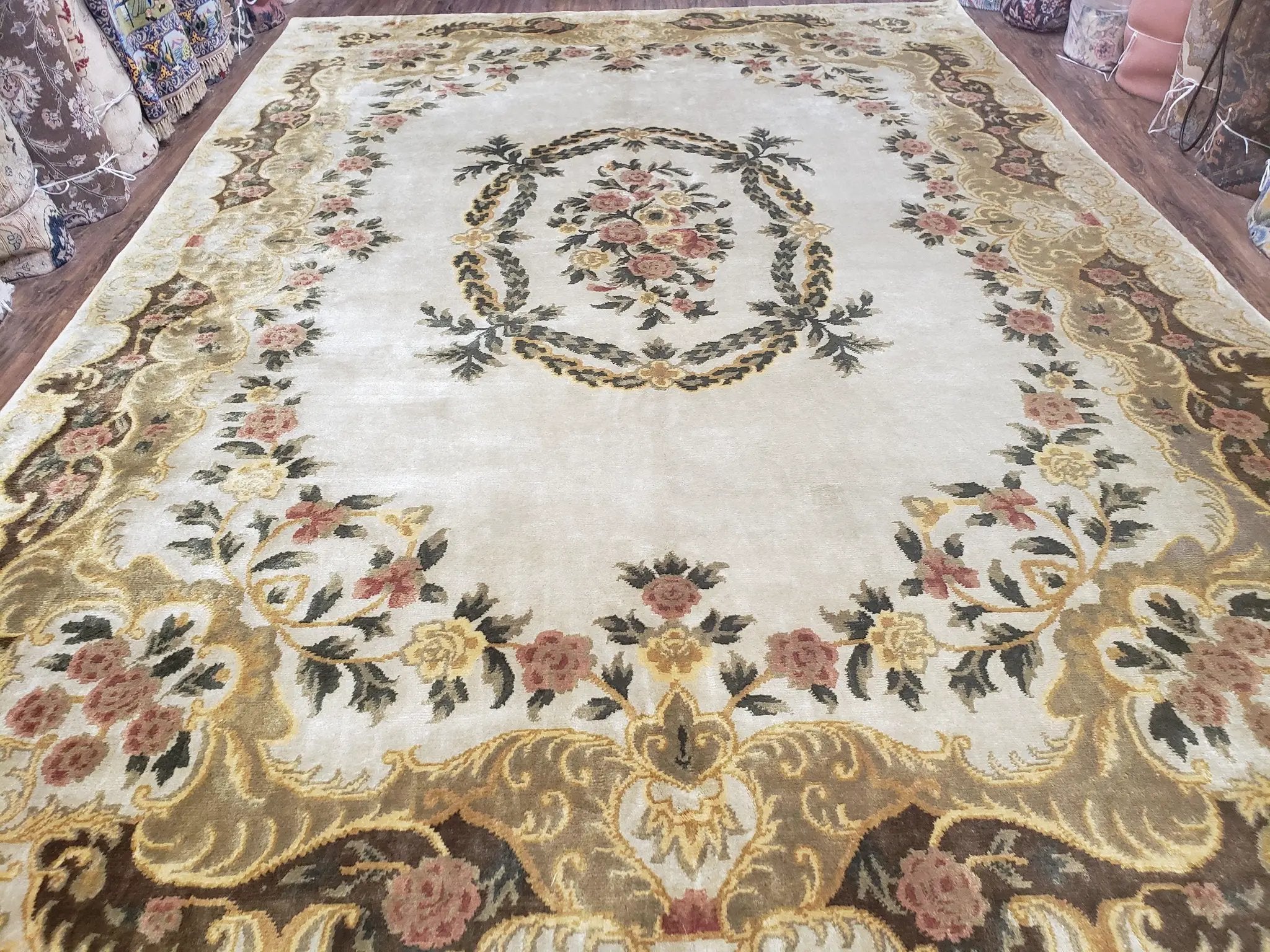 Aubusson Rug 10x14, Elegant French European Design, Vintage Handmade Carpet with Pile, Beige Floral Dining Room Rug, Living Room, Soft Wool by Jewel Rugs