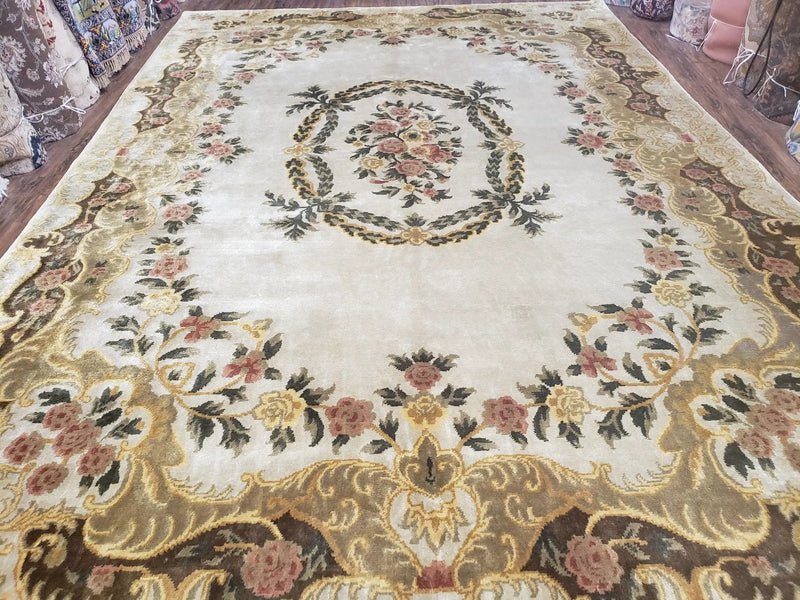 Aubusson Rug 10x14, Elegant French European Design, Vintage Handmade Carpet with Pile, Beige Floral Dining Room Rug, Living Room, Soft Wool by Jewel Rugs