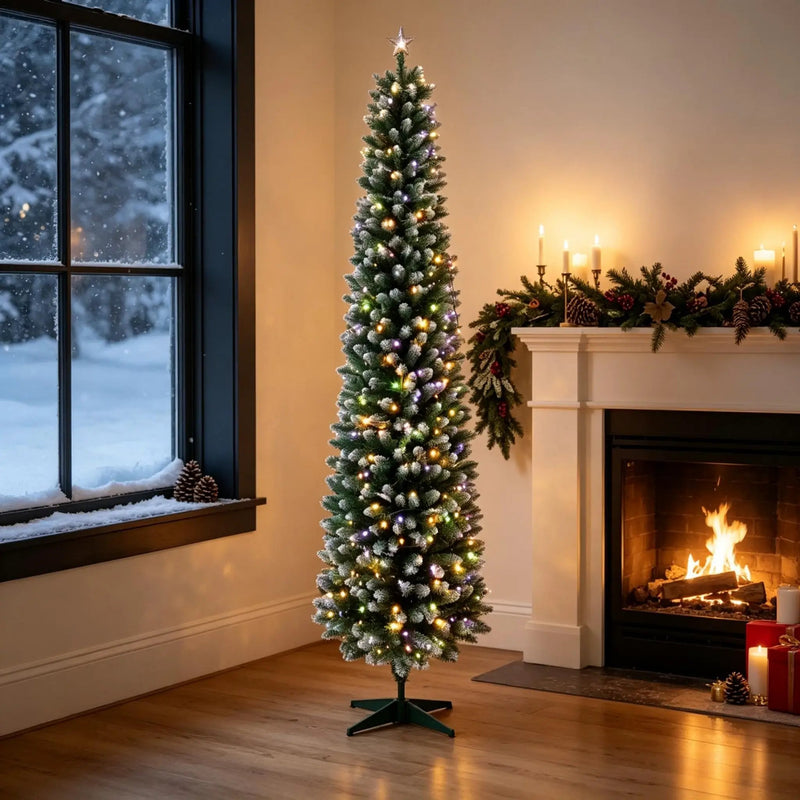 7ft Flocked Pencil Prelit Christmas Tree, Dual-Color by HouseOfZazla