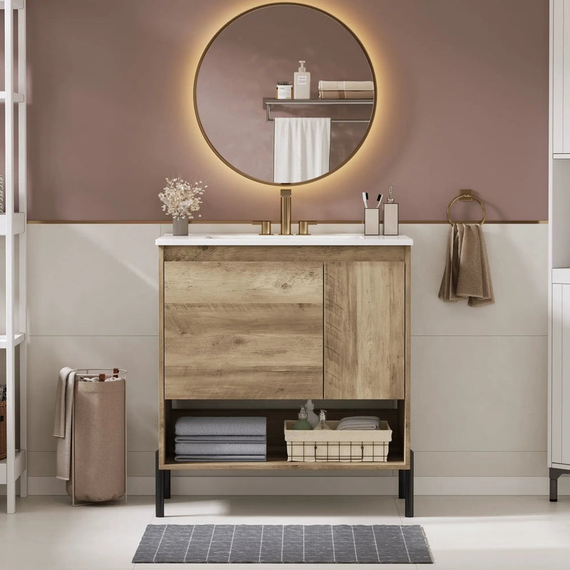Bathroom Vanity Cabinet With Sink, Sliding Drawer, Soft Closing Door, Open Shelf - Natural Wood by HouseOfZazla