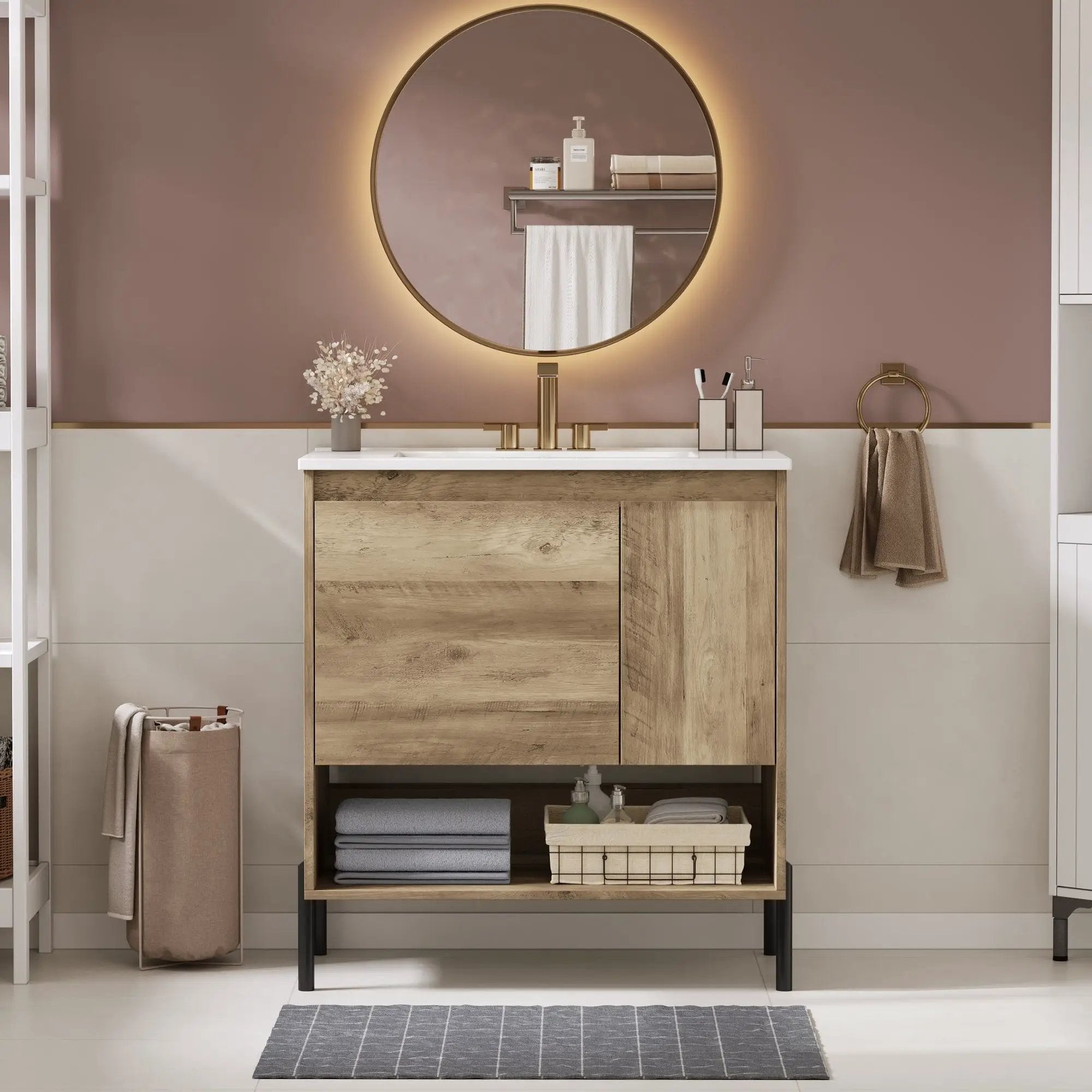 Bathroom Vanity Cabinet With Sink, Sliding Drawer, Soft Closing Door, Open Shelf - Natural Wood by Unique Piece Furniture