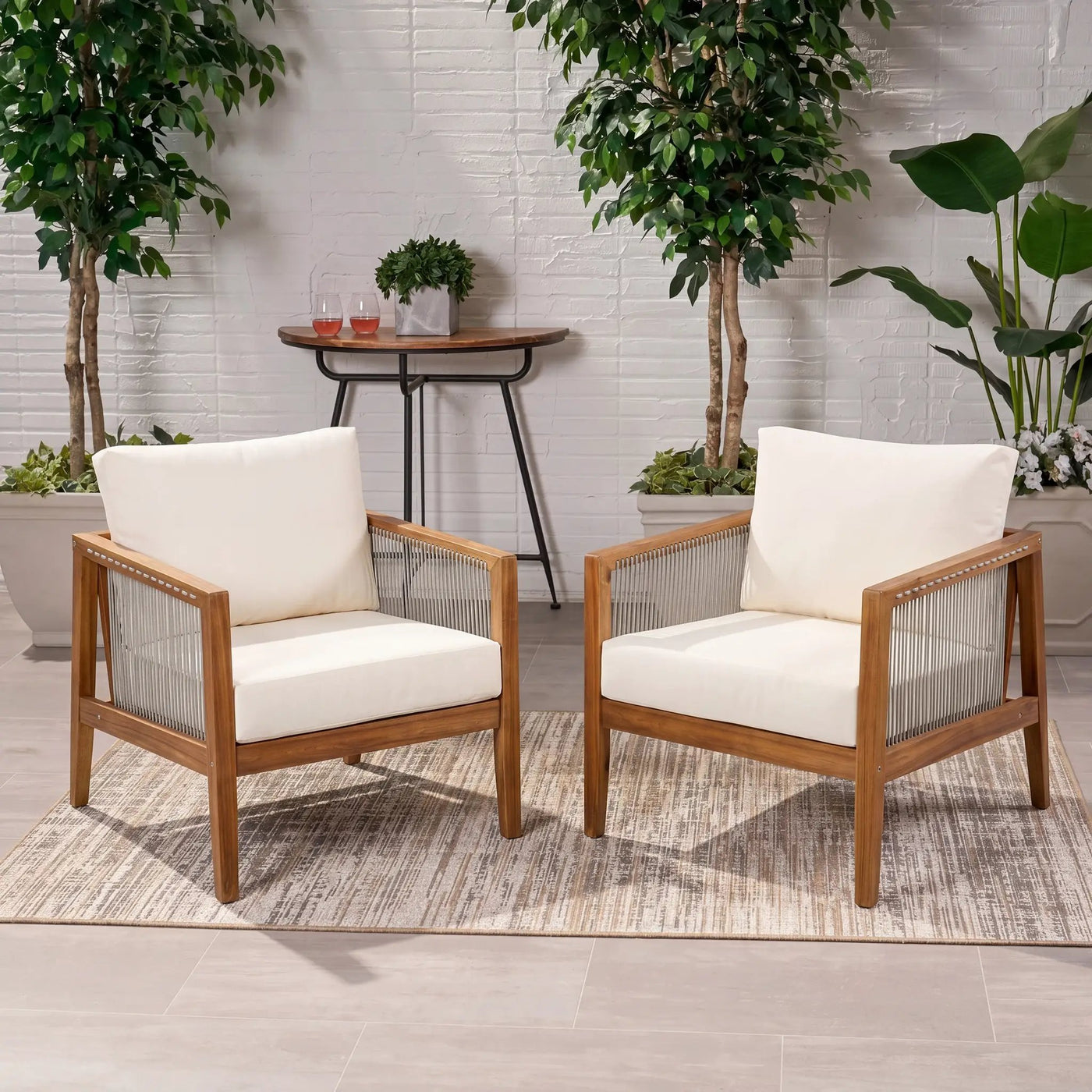 Outdoor Club Chairs (Set of 2), Acacia Wood Frame with Rope Back, Water-Repellent by HouseOfZazla