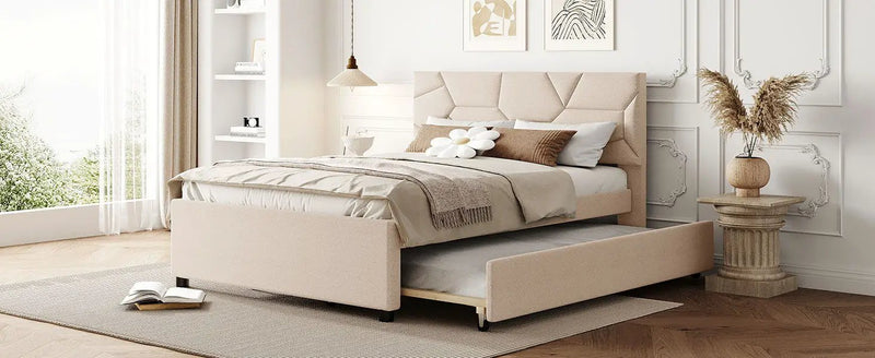 Upholstered Platform Bed With Brick Pattern Headboard And Twin Long Size Trundle by HouseOfZazla