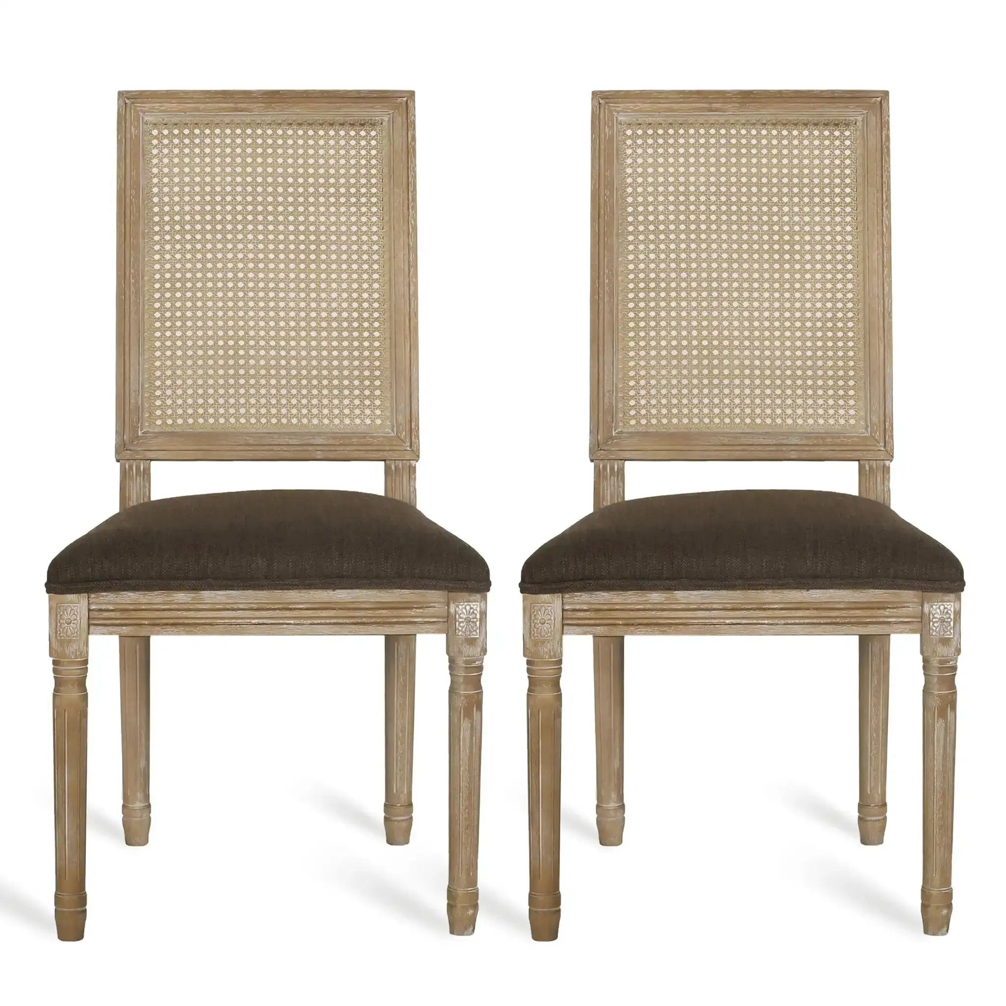 French Country Dining Chair With Rectangular Cane Backrest And Smooth Upholstered Seating by HouseOfZazla