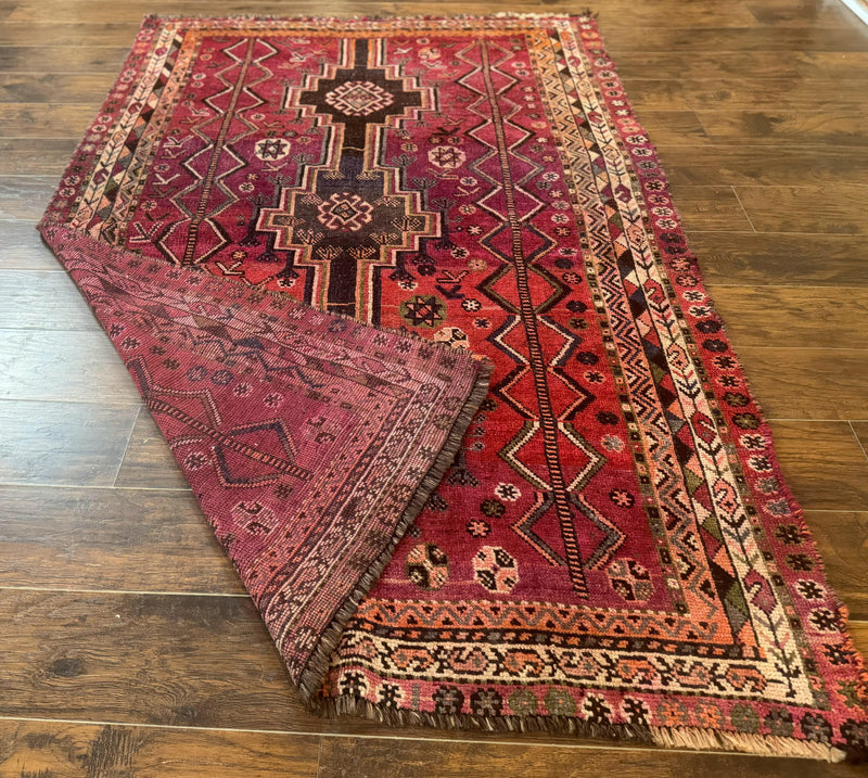 Persian Tribal Shiraz Rug 5x8, Geometric, Raspberry Red and Charcoal, Antique Persian Carpet by Jewel Rugs