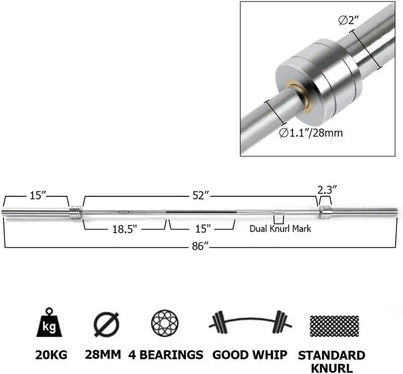 Barbell Bar For 2" Olympic Plates, Home Gym Weightlifting Bar 4Ft Solid Chrome Weight Bar 5Ft Fitness Training Curl Barbell 7.2Ft - Silver by HouseOfZazla
