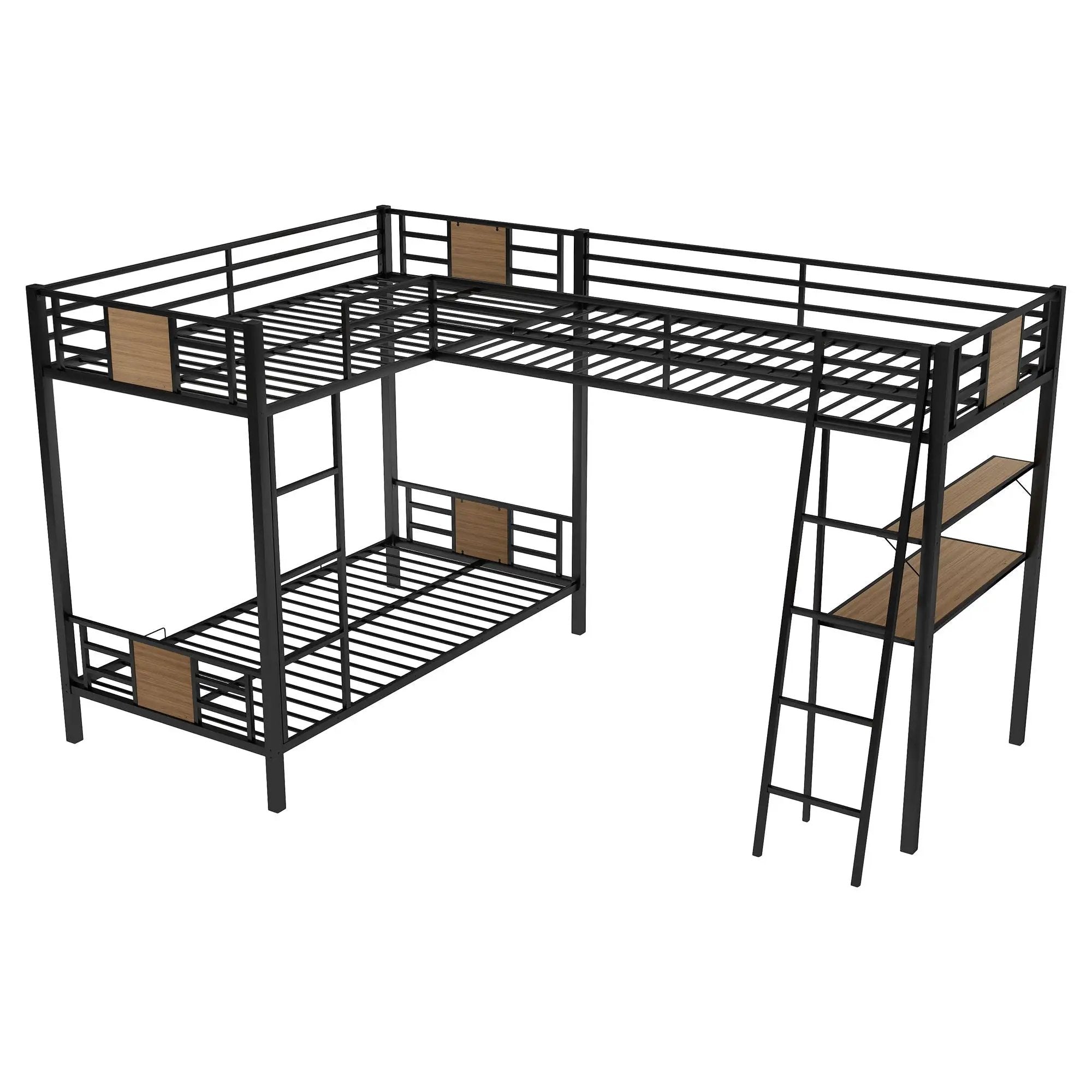 L-Shaped Twin Over Twin Bunk Bed With Twin Size Loft Bed With Desk And Shelf - Brown by HouseOfZazla