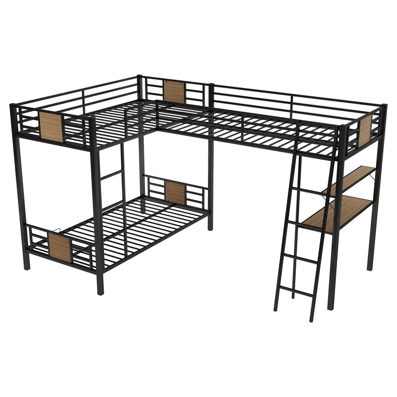 L-Shaped Twin Over Twin Bunk Bed With Twin Size Loft Bed With Desk And Shelf - Brown by HouseOfZazla