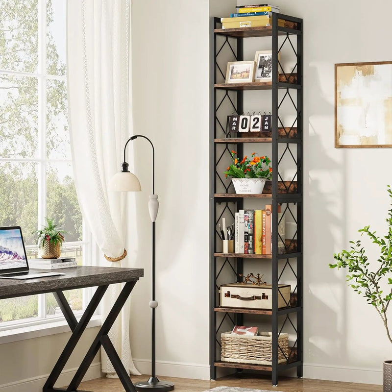 Extra Tall 7 Tier Narrow Corner Bookshelf Storage Display Rack For Living Room - Rustic Brown