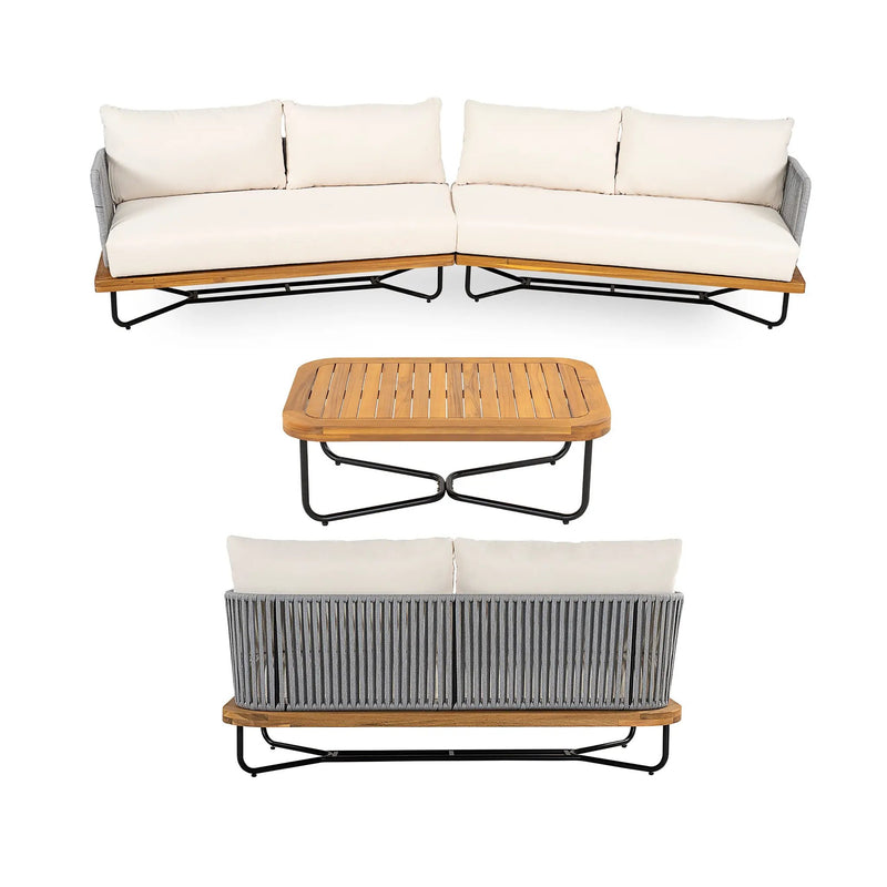 Lucca Outdoor 6 Seaters Acacia Wood and Rope Woven Patio Conversation Set by HouseOfZazla