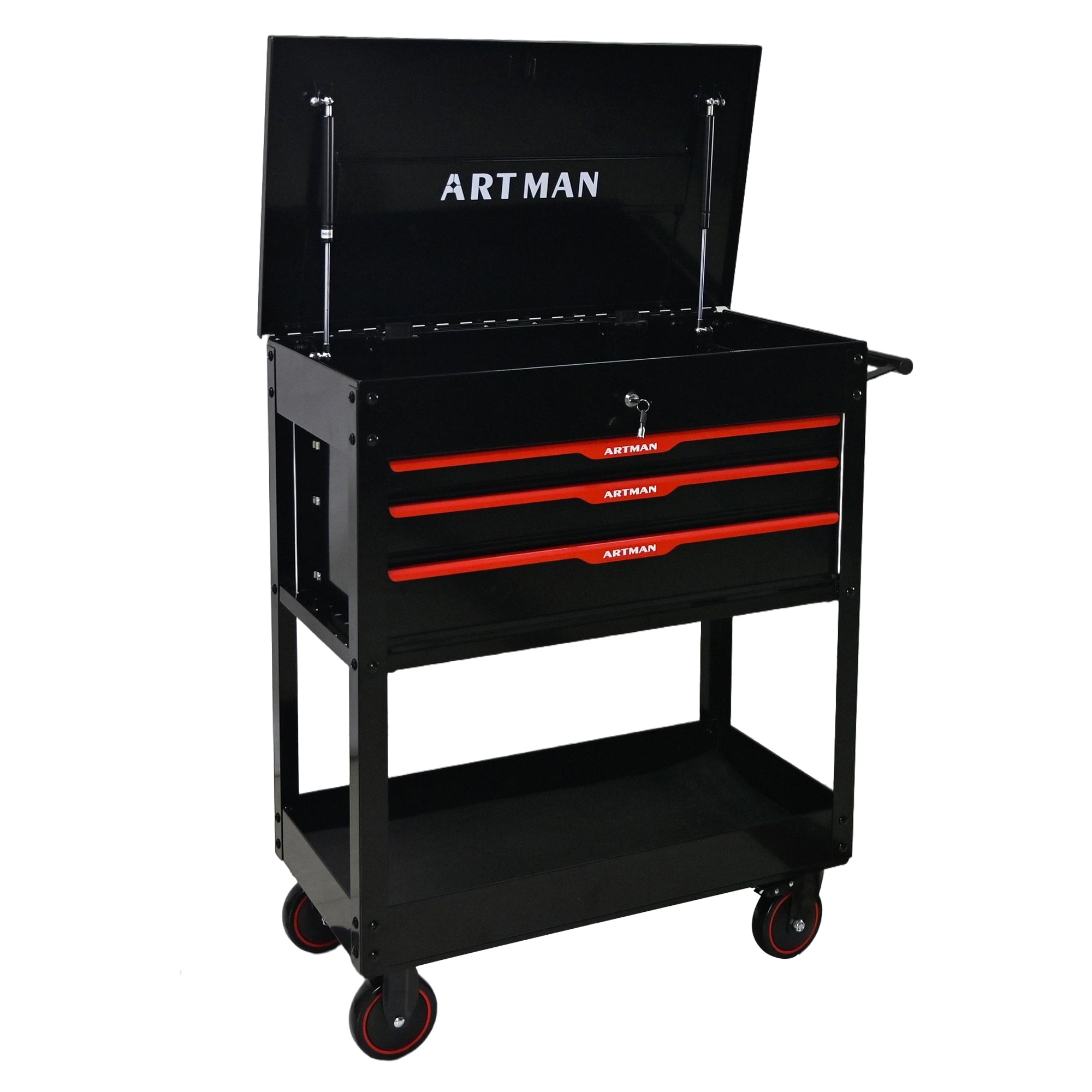 3 Drawers Multifunctional Tool Cart with Wheels and Steel Top - Black & Red by HouseOfZazla