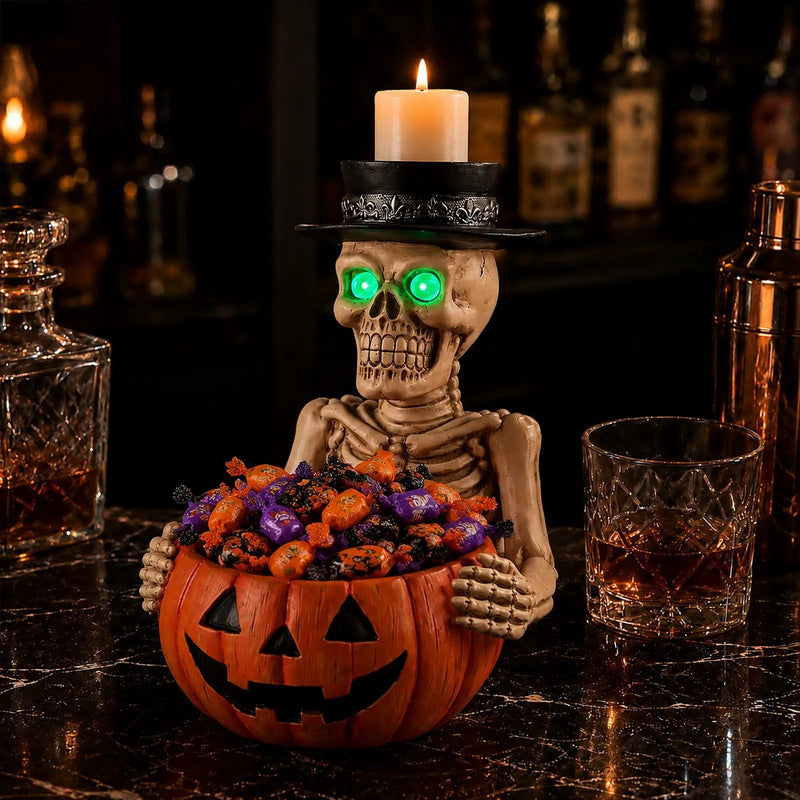 Halloween Skeleton Figurine with Pumpkin Candy Bowl & Candle Holder by HouseOfZazla