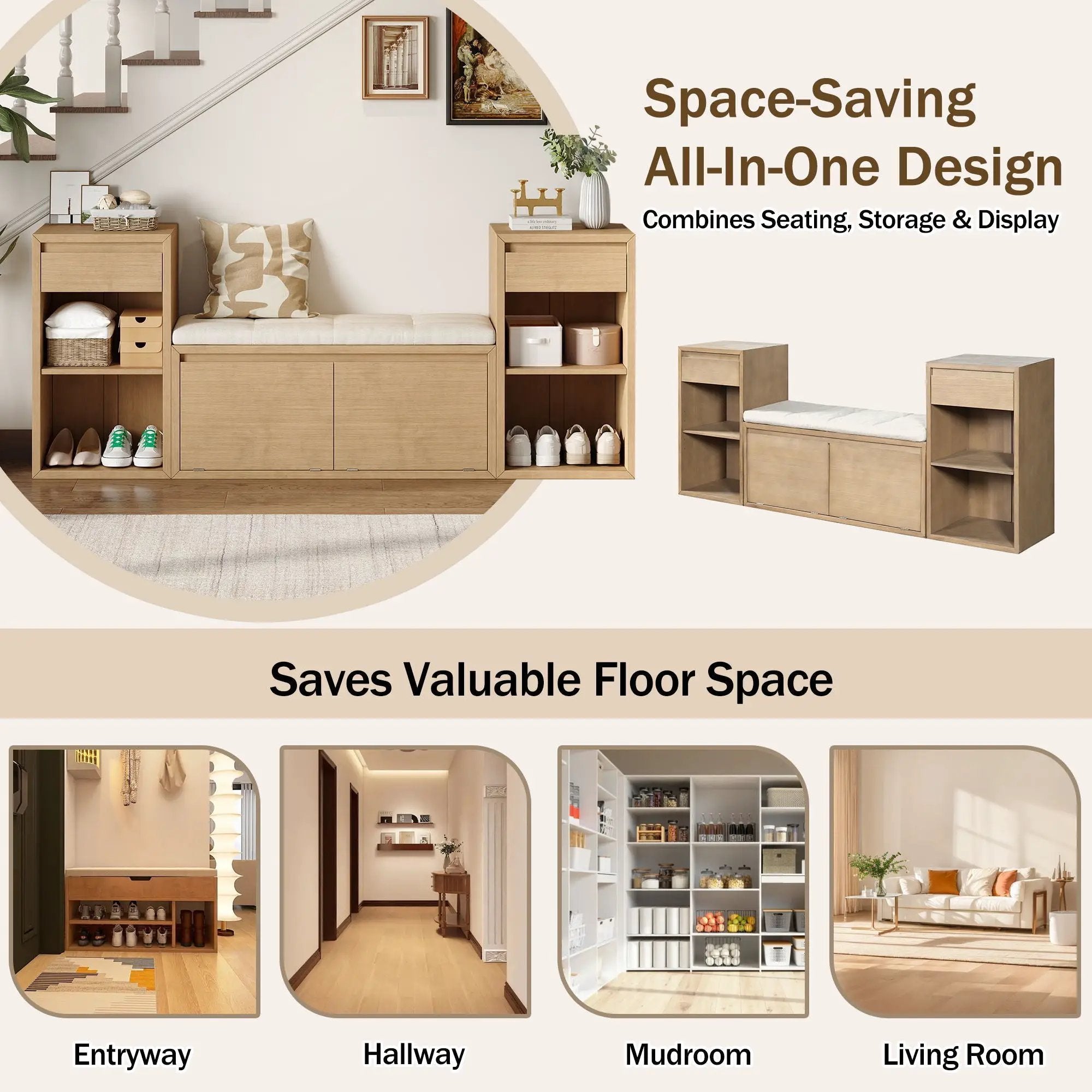 Entryway Storage Bench With Cushion, Drawers & Open Shelves by Unique Piece Furniture