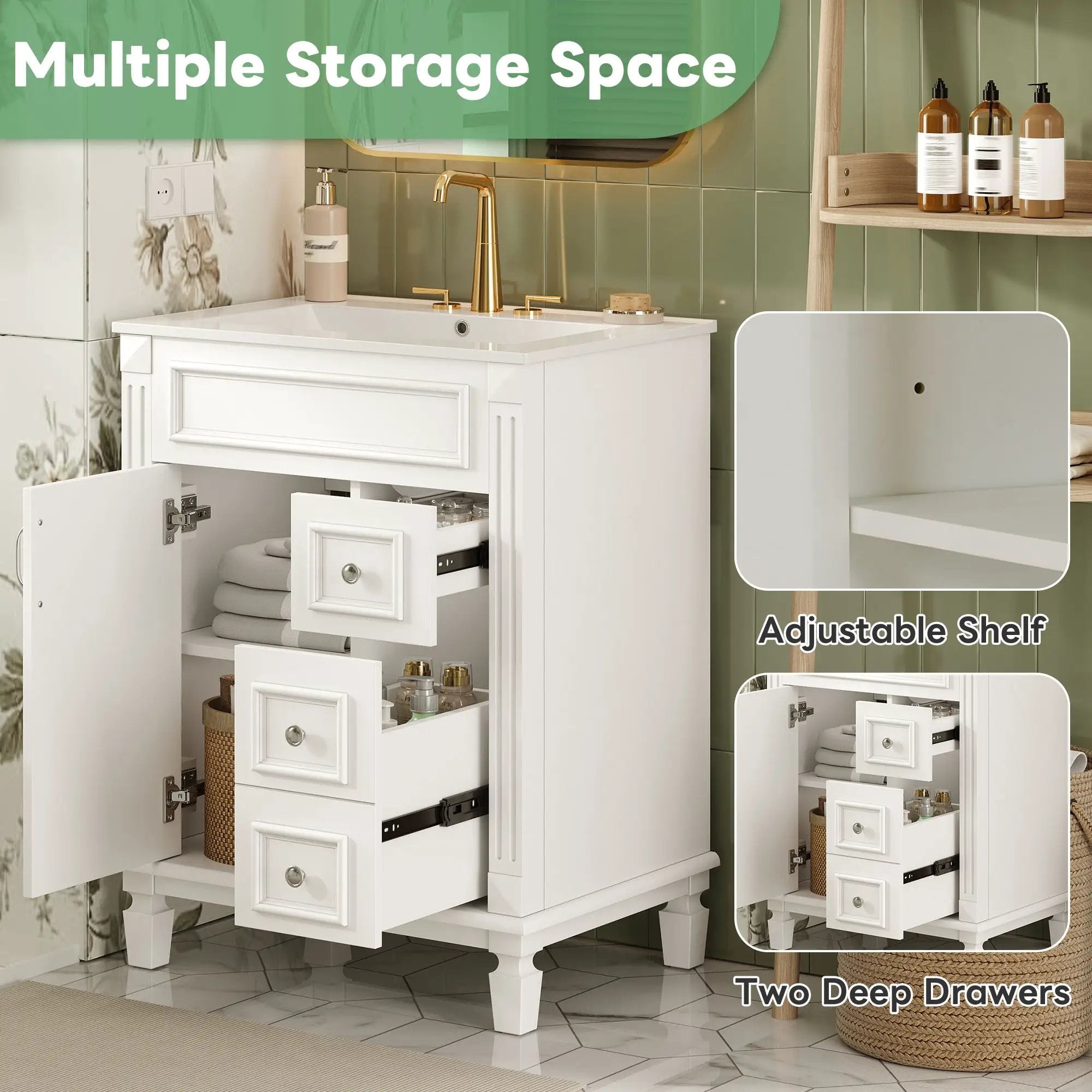 Bathroom Vanity With Sink, Compact Cabinet & 2 Drawers And Adjustable Shelf