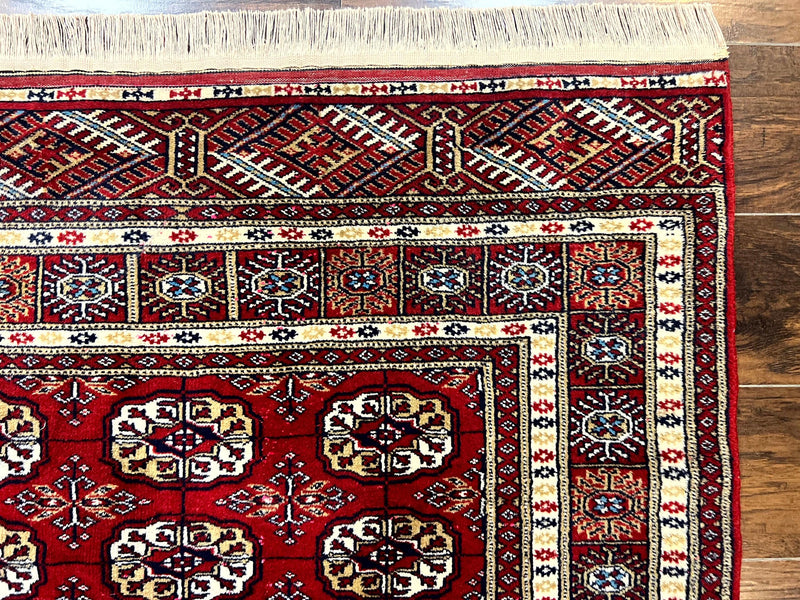 Pakistani Bokhara Rug 4x6, Red Turkoman Carpet, Finely Hand Knotted, Wool Vintage Rug by Jewel Rugs