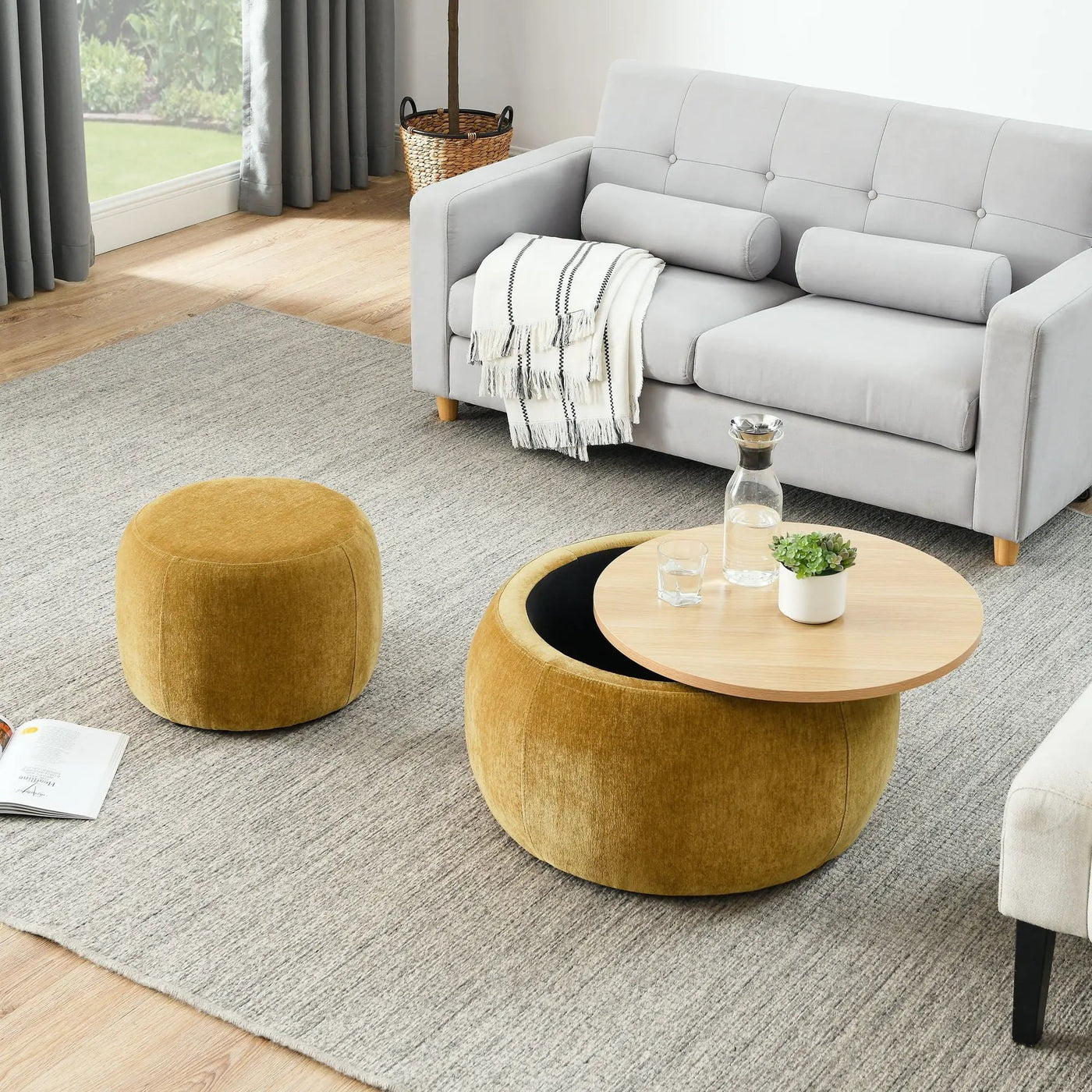Round Storage Ottoman, 2 In 1 Function, End Table And Ottoman by Unique Piece Furniture