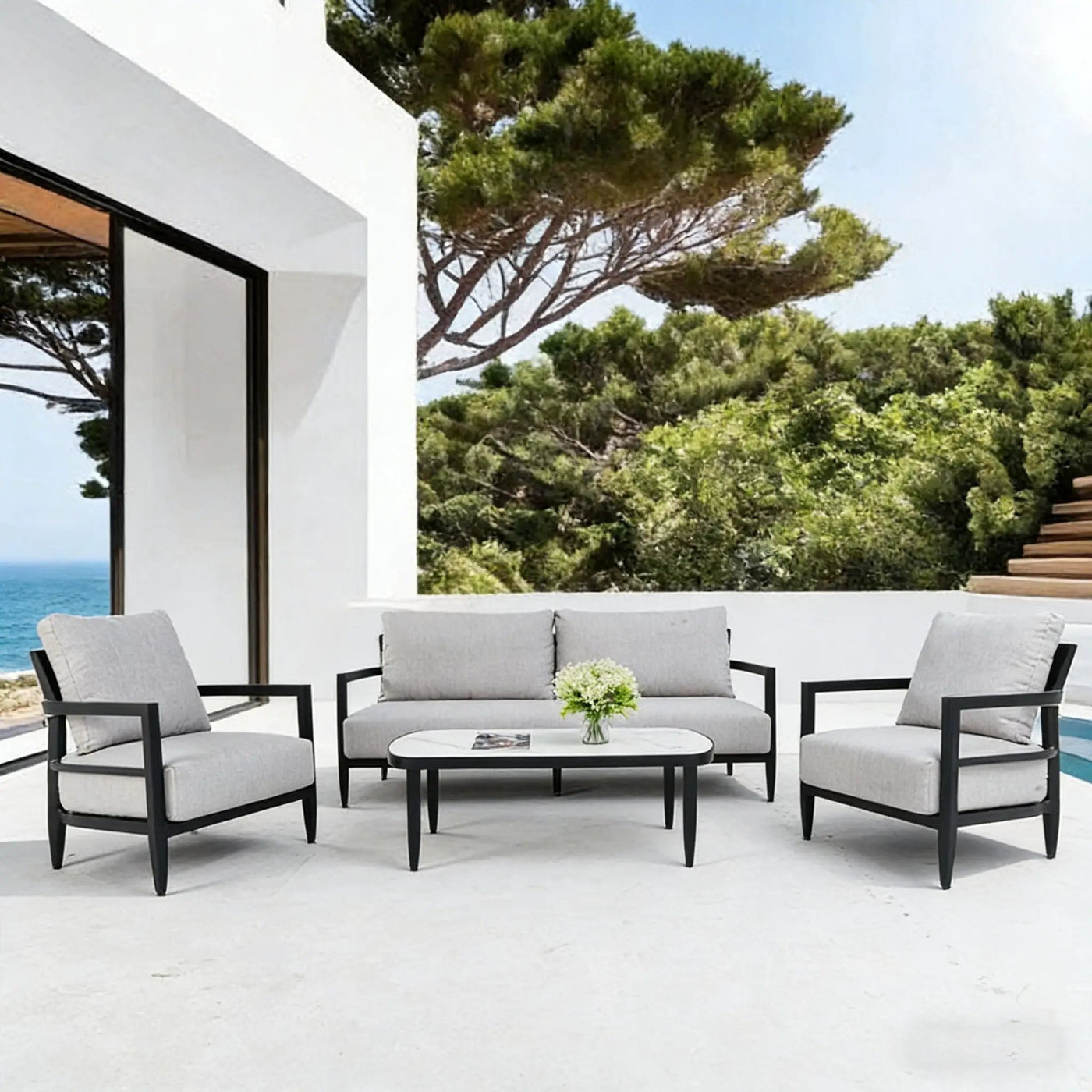 Outdoor Conversation Set With Chairs, Bench Sofa, Tables, Sunbrella Cushions by HouseOfZazla