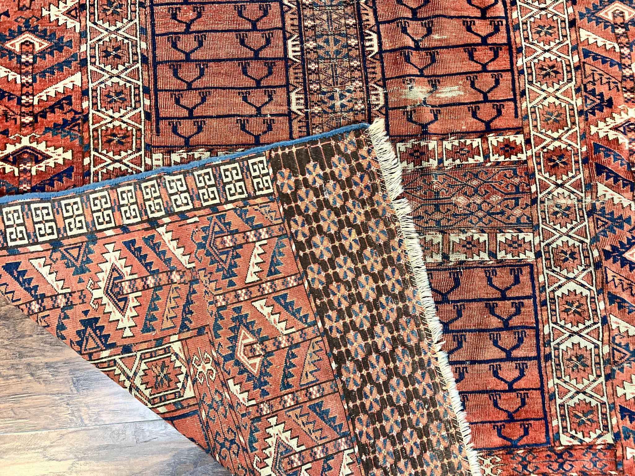 Antique Turkoman Rug 4x4, Hatchli Square Carpet, Wool Handmade Four Season Yamud Design Rug, Red Bohemian Tribal Rug, Engsi Tekkeh Rug by Jewel Rugs