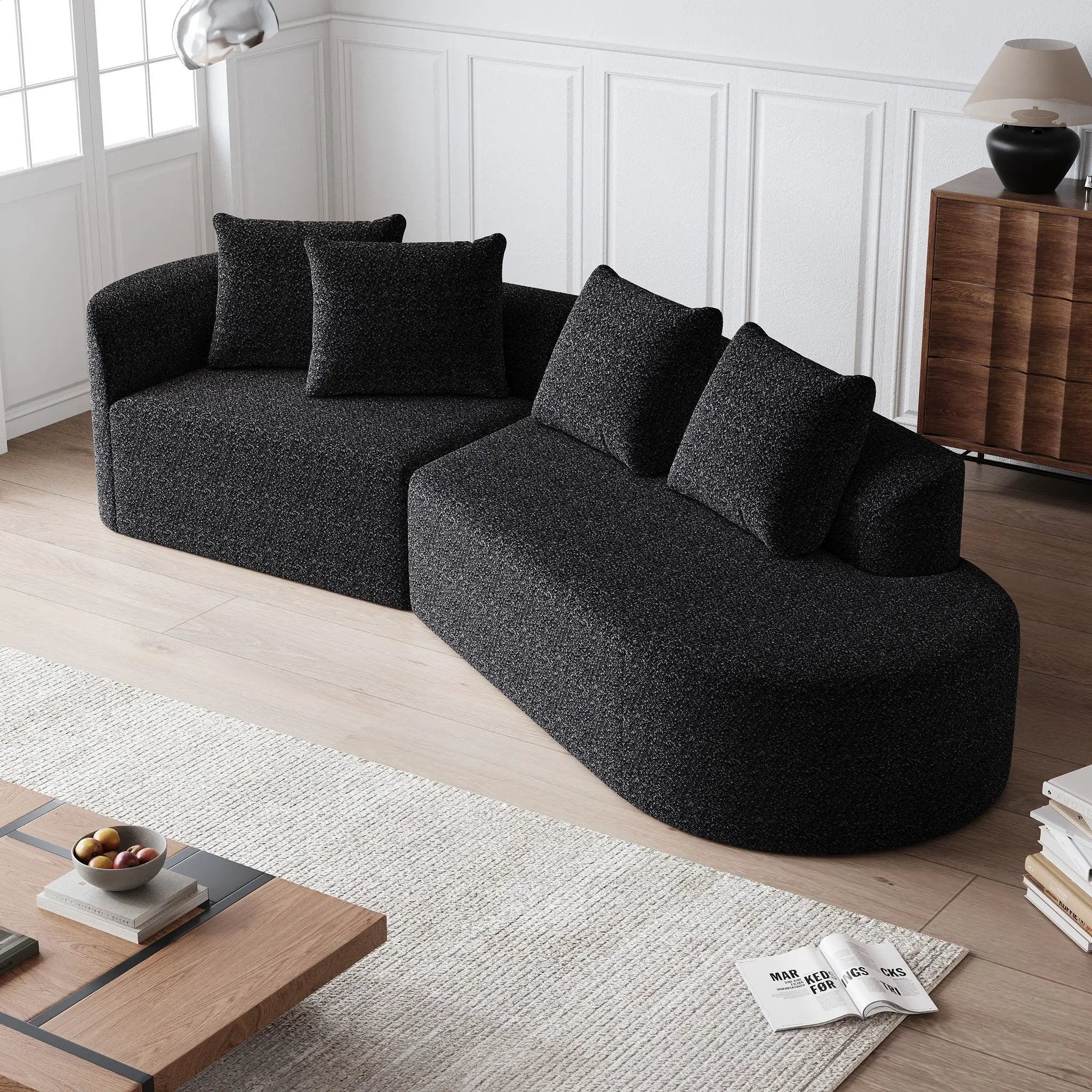 Upholstered Oversized Sectional Sofa, 4 Seater Extra Deep & Wide Curved Cloud Couch With 4 Throw Pillows For Living Room - Black by HouseOfZazla