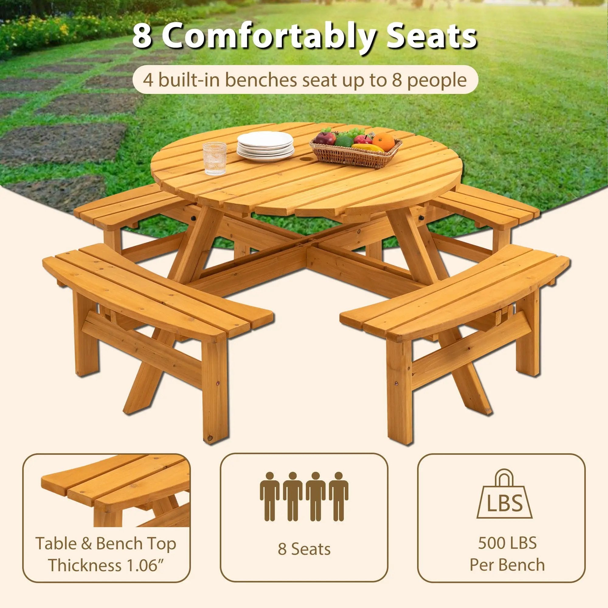 8 Person Wooden Picnic Table, Outdoor Camping Dining Table With Seat, Garden, Diy With 4 Built-In Benches, 2220Lb Capacity by Unique Piece Furniture