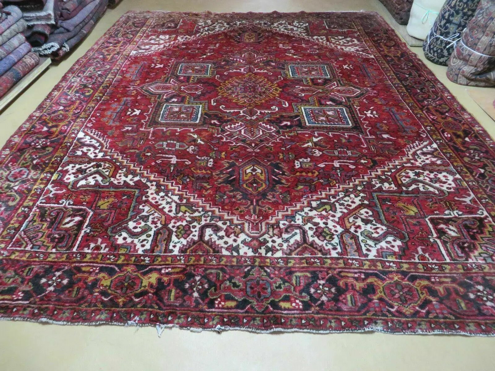 Heriz Rug 9x11, Geometric Persian Carpet Room Sized, Tribal Medallion Rug, Red Ivory Dark Blue Handmade Wool Rug for Living Room Dining Room by Jewel Rugs