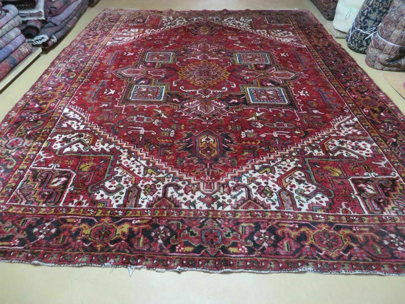 Heriz Rug 9x11, Geometric Persian Carpet Room Sized, Tribal Medallion Rug, Red Ivory Dark Blue Handmade Wool Rug for Living Room Dining Room by Jewel Rugs