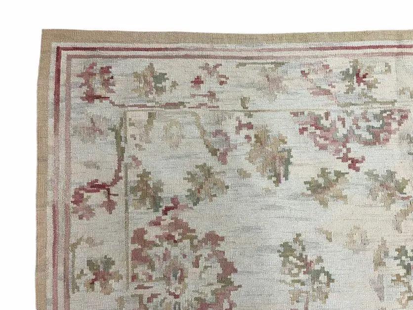 9x12 Flatweave Aubusson Needlepoint Rug, New, Beige, Tan, Green, Handmade, Hand-Knotted Area Rug, French European Carpet, Flowers by Jewel Rugs