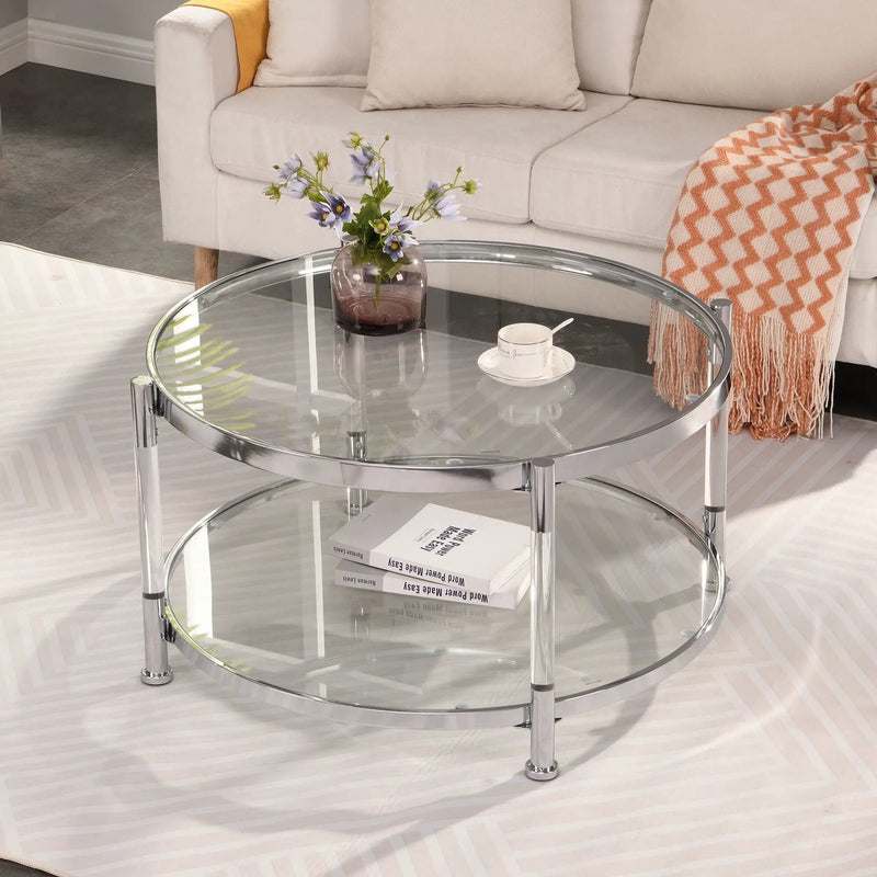 Contemporary Acrylic, Coffee Table, Round Tempered Glass Coffee Table - Chrome / Silver by HouseOfZazla