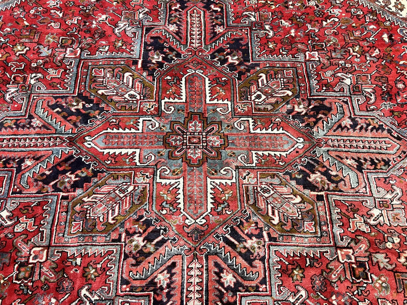 Large Persian Heriz Rug 10x13, Wool Hand Knotted Antique Carpet, Red and Ivory, Geometric Tribal Room Sized Rug, Decorative Oriental Rug by Jewel Rugs