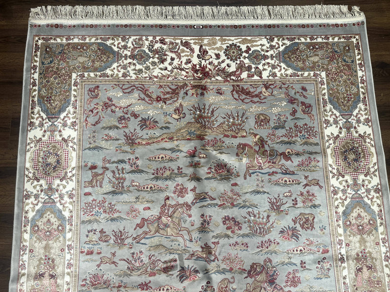 Turkish Silk Rug 5x7, Hunting Design, Animal Pictorials, Bamboo Silk by Jewel Rugs