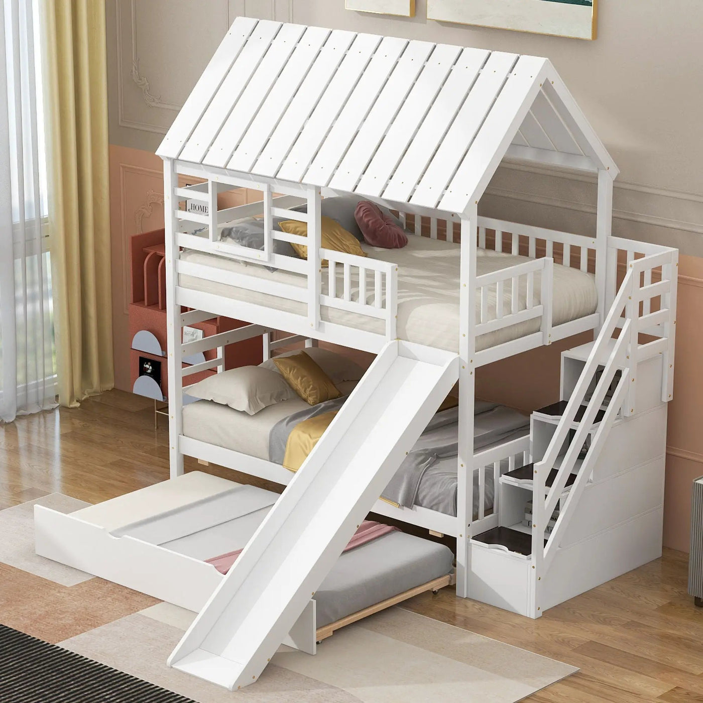 House Bunk Bed With Trundle, Storage Staircase, Roof And Window Design by HouseOfZazla