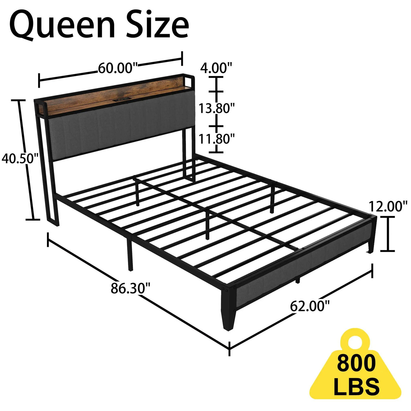 Bed With Charging Station, American Design Upholstered Headboard, Metal Platform by Unique Piece Furniture