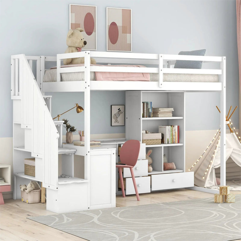 Loft Bed With L Shaped Desk, Drawers, Cabinet, And Storage Staircase by HouseOfZazla