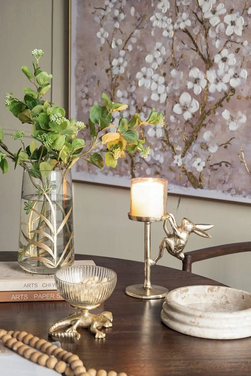 7.9x4x11' Gold Rabbit Pillar Candle Holder with Clear Glass Hurricane Shade by HouseOfZazla