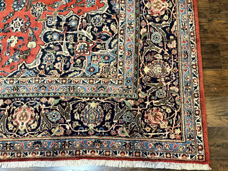 Red Persian Kashan Rug 10x14, Hand-Knotted Semi Antique Floral Medallion Handmade Wool Carpet, Red & Navy Blue by Jewel Rugs
