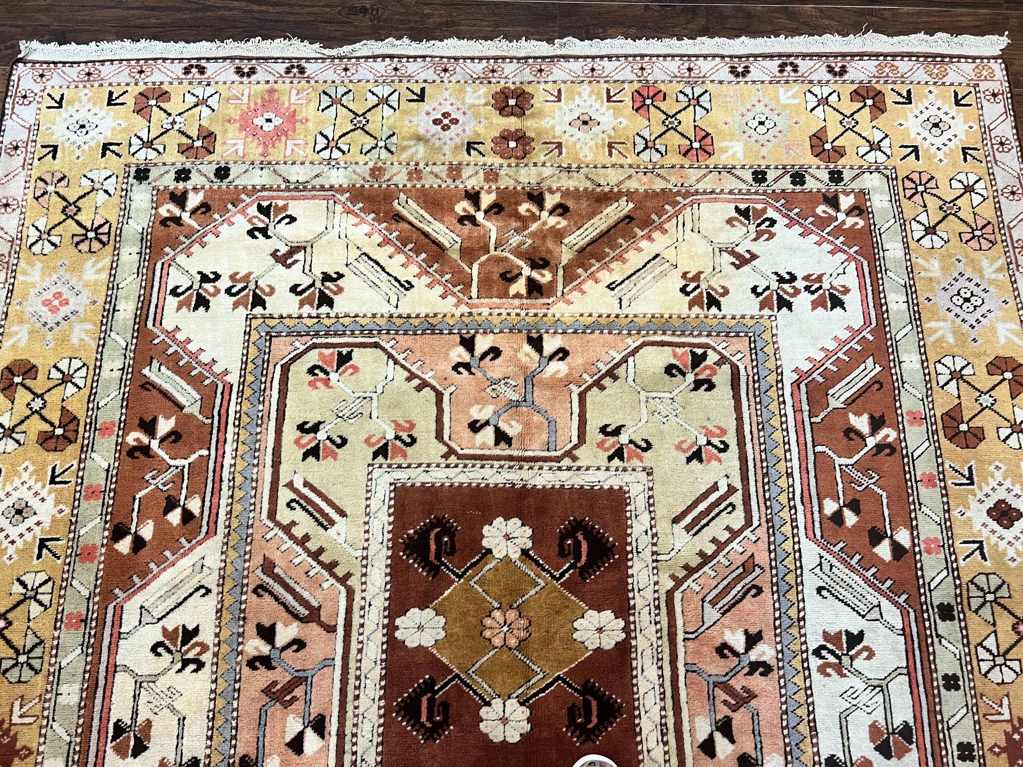 Turkish Rug 7x10, Wool Hand Knotted Vintage Carpet, Geometric Kazak Pattern by Jewel Rugs