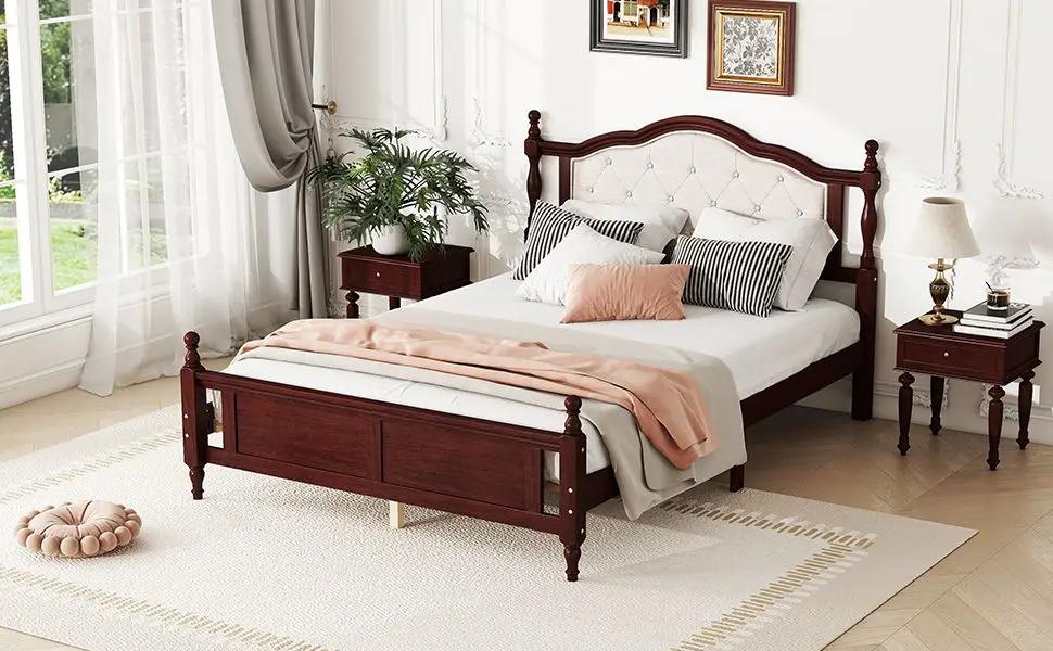 Pine Wooden Bed With Upholstered Headboard And Panel Footboard, With Two Bed Rail Support Feet And Central Platform Support Feet by HouseOfZazla
