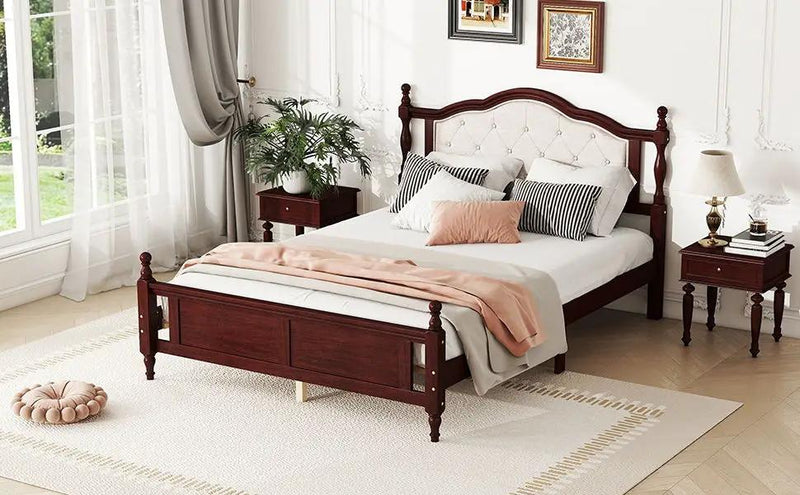 Pine Wooden Bed With Upholstered Headboard And Panel Footboard, With Two Bed Rail Support Feet And Central Platform Support Feet by HouseOfZazla