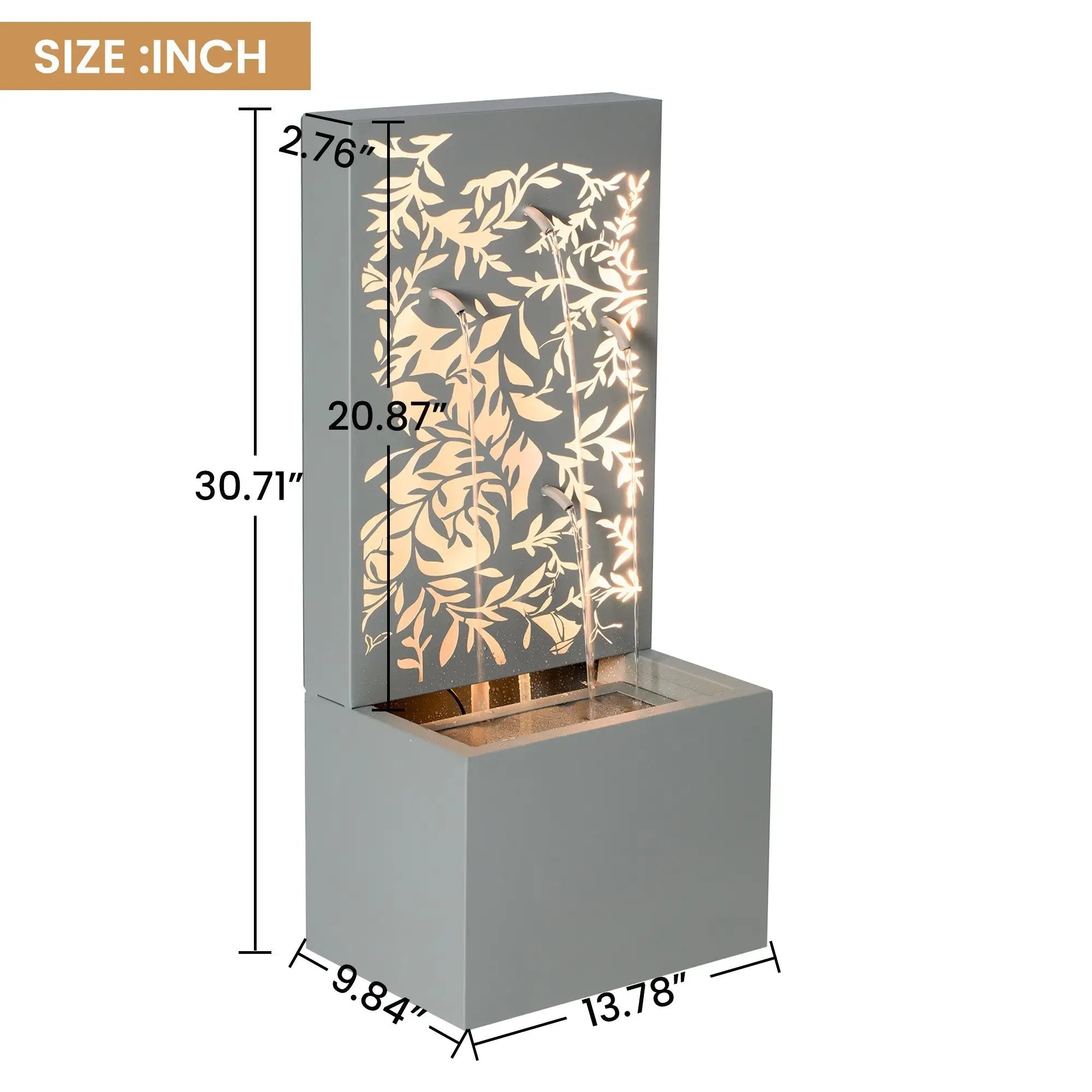 30.71' Light Gray Metal Leaf Cutout Outdoor Water Wall Fountain with LED Lights by HouseOfZazla
